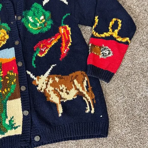 VTG The Eagle's Eye Hand Knit Cardigan Sweater Small Oversized Texas Longhorn - Picture 8 of 16